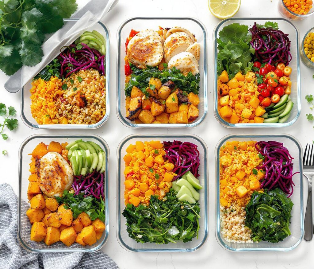 nutritionally balanced meal prepped food.